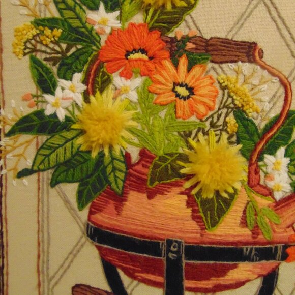 Vintage Copper Kettle & Flowers in Crewel, Wood Frame, 19.6 in x 25.6 in - Picture 7 of 8